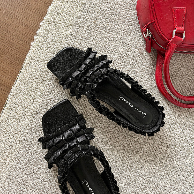 Karin Luna In Stock   Spot Goods  Niche Design Square-Toed Pleated Flat Slippers
