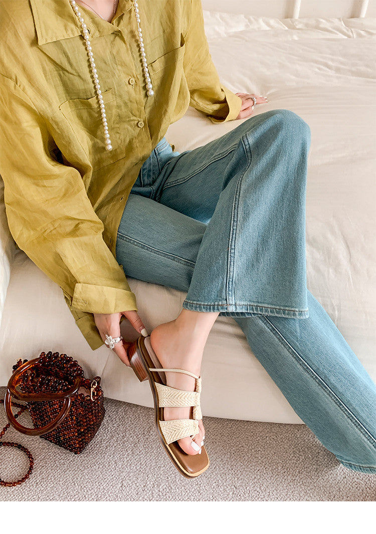 Karin Luna In Stock Spot Goods  Popular Element Woven Style Square Toe Thong Sandals