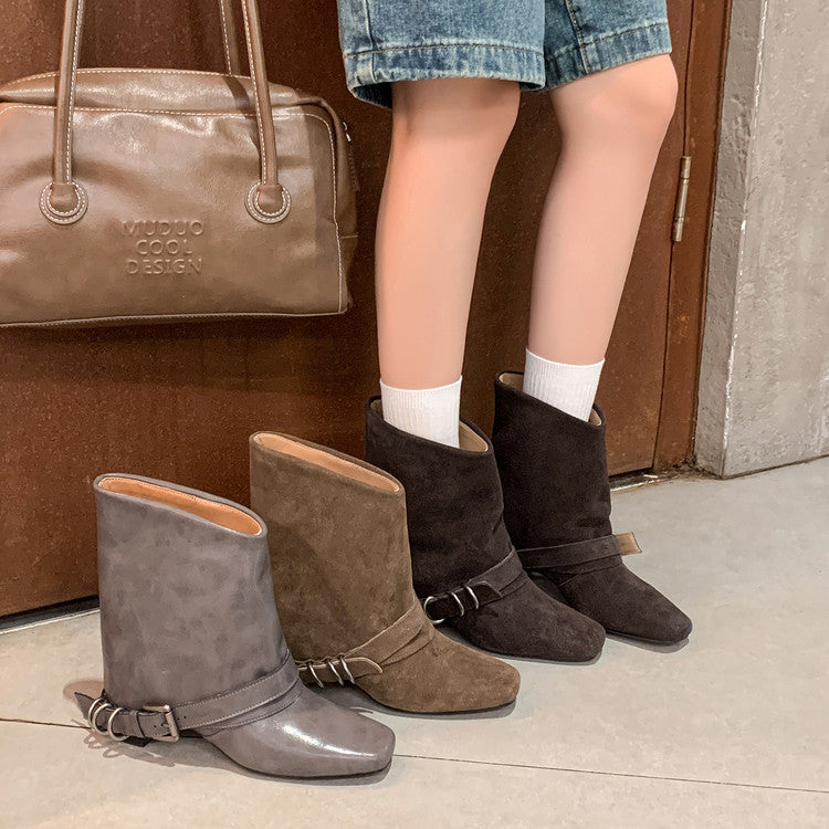 Karin Luna Data Hot Item Square Toe Hidden Wedge Belt Buckle Suede Ankle Boots