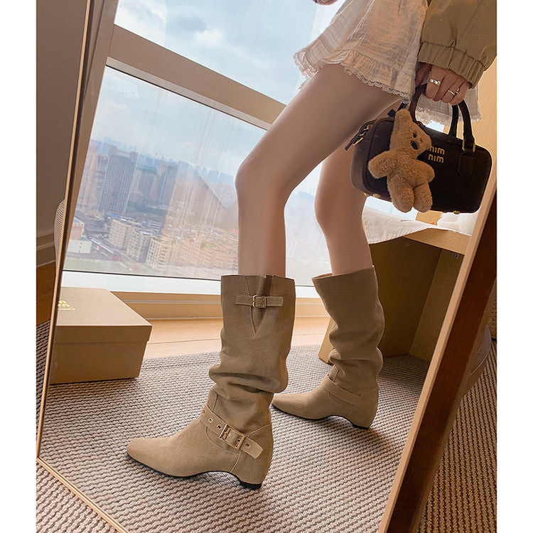Karin Luna Data Model Belt Buckle Matte Square Toe Hidden Wedge Slouch Western Boots