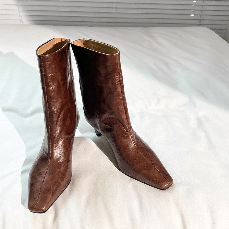 Karin Luna In Stock Spot Goods Top Layer Stone Pattern Cowhide Textured Small Square Toe Straight Short Boots