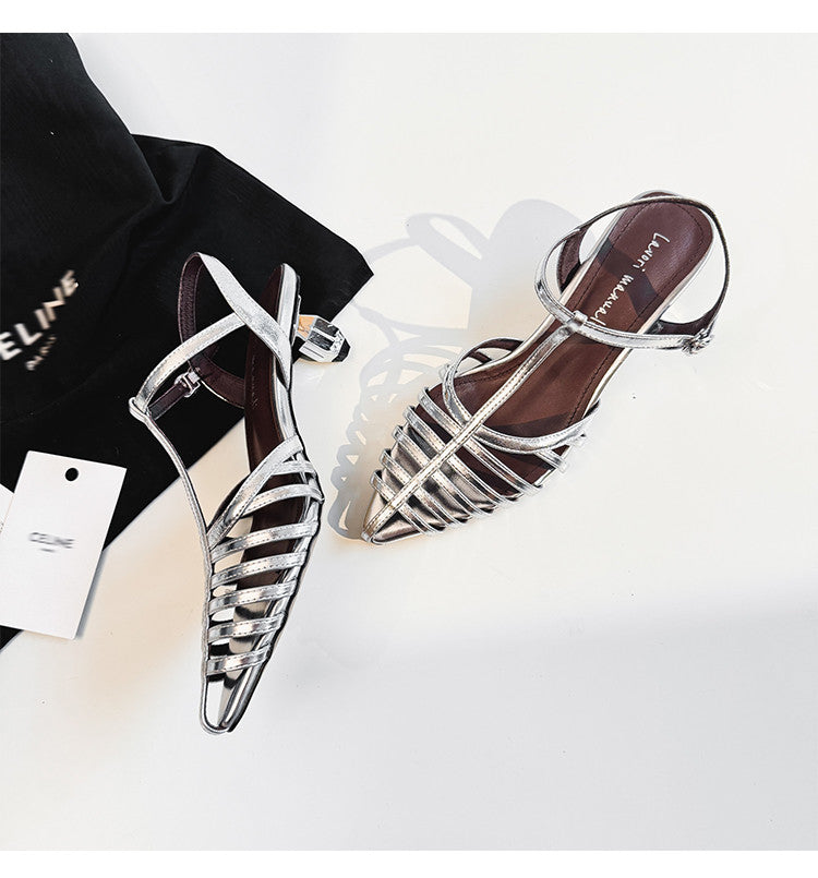 Karin Luna French Hollow Toe Metal Heel Elegant Sandals