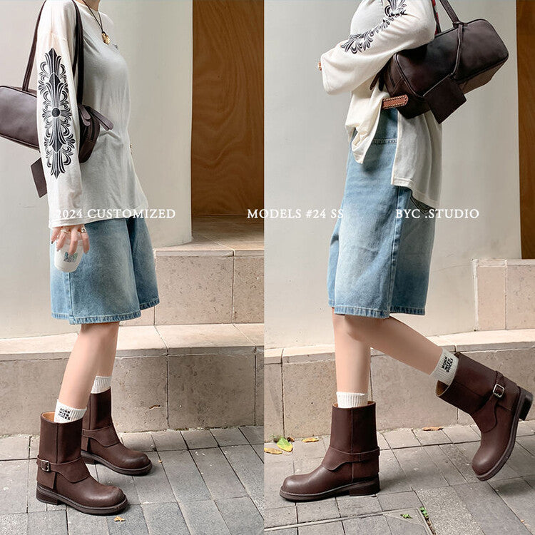 Karin Luna Belt Buckle Chunky Heel Fashion Short Boots