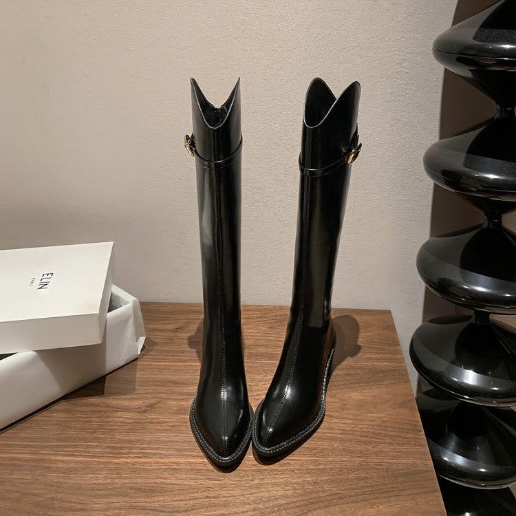 Karin Luna Classic Model In Stock Spot Goods  Elegant Belt Buckle Pointed Toe Chunky Heel Long Boots