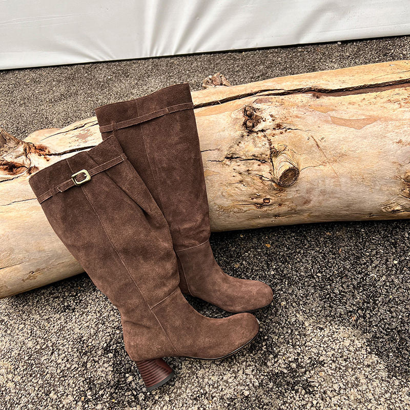 Karin Luna In Stock In Stock Mango Head Large Tube Belt Buckle Chunky Heel Long Boots