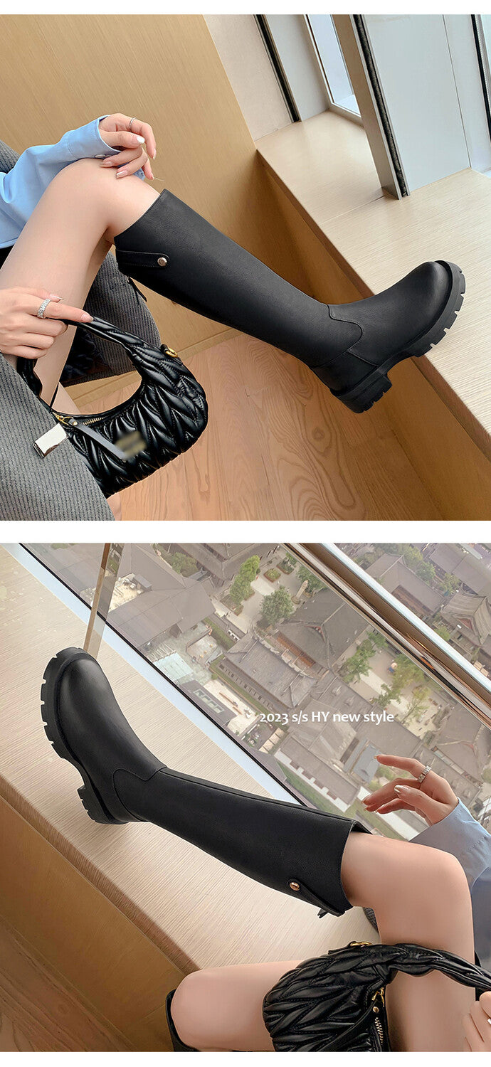 Karin Luna Hot-Selling In Stock   Basic Casual Hot-Selling Round-Toe Long Boots Full Cowhide Leather Long Boots Flat Bottom Hot Sale