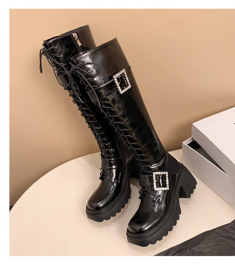 Karin Luna In Stock Spot Goods Bestselling Extended Version Rhinestone Square Buckle Thick Sole Lace-up Thick Sole Full Cowhide Knight Boots