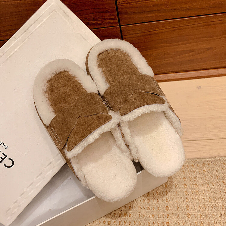 Karin Luna In Stock Look~This is such thick lamb wool Winter Atmosphere！Cowhide Leather Lamb Wool Round Toe Flat Sole Half Support！