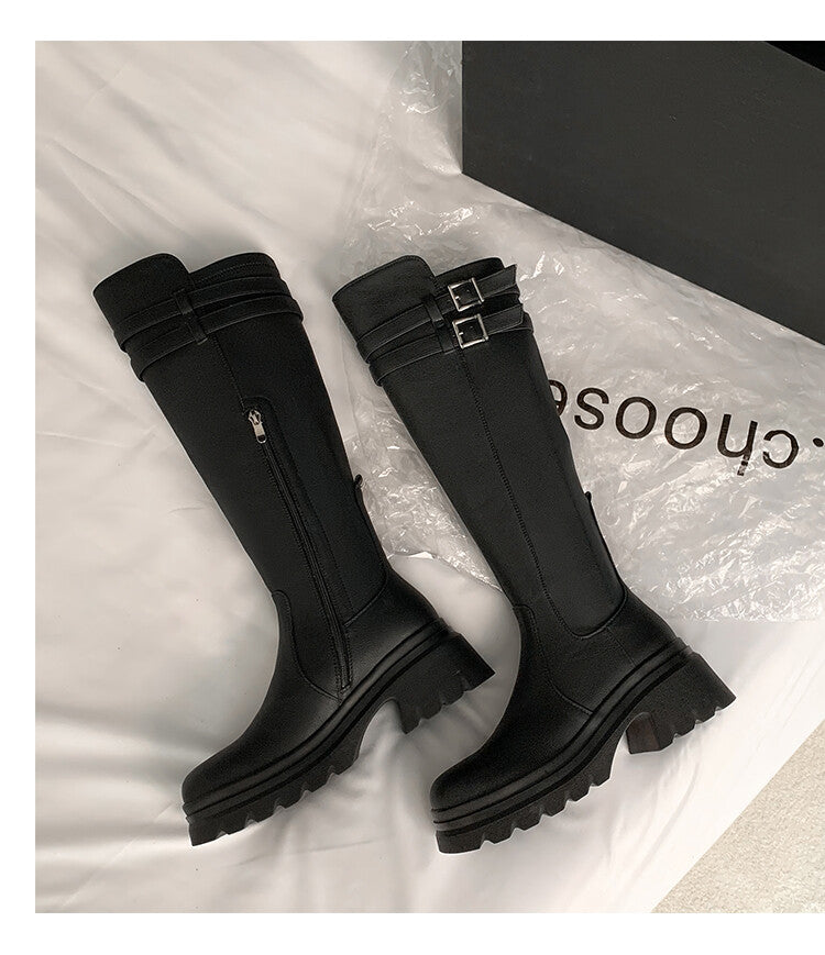 Karin Luna In Stock  Round Toe Thick Sole Casual Belt Buckle Long Boots