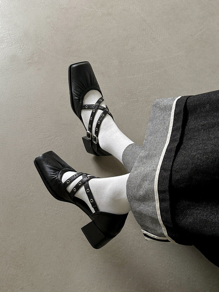 Karin Luna In Stock Spot Goods First Layer Sheepskin Cross Strap Rivet Square Toe Mary Jane Sandals