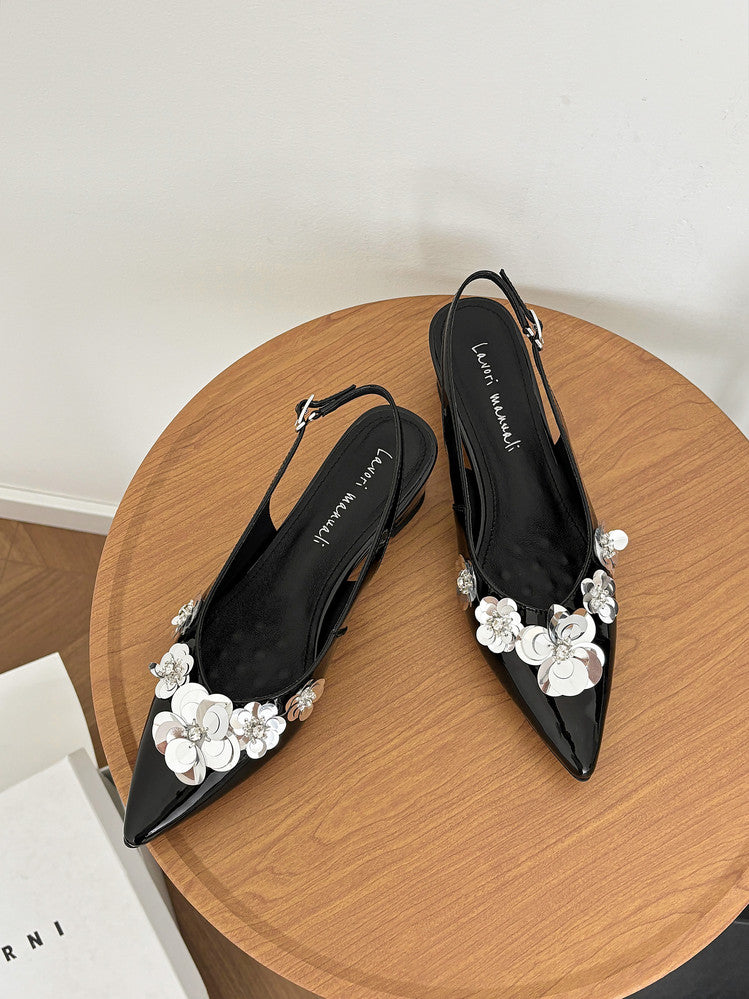 Karin Luna In Stock In Stock  Sequin Floral Pointed Toe Chunky Heel Closed-Toe Sandals