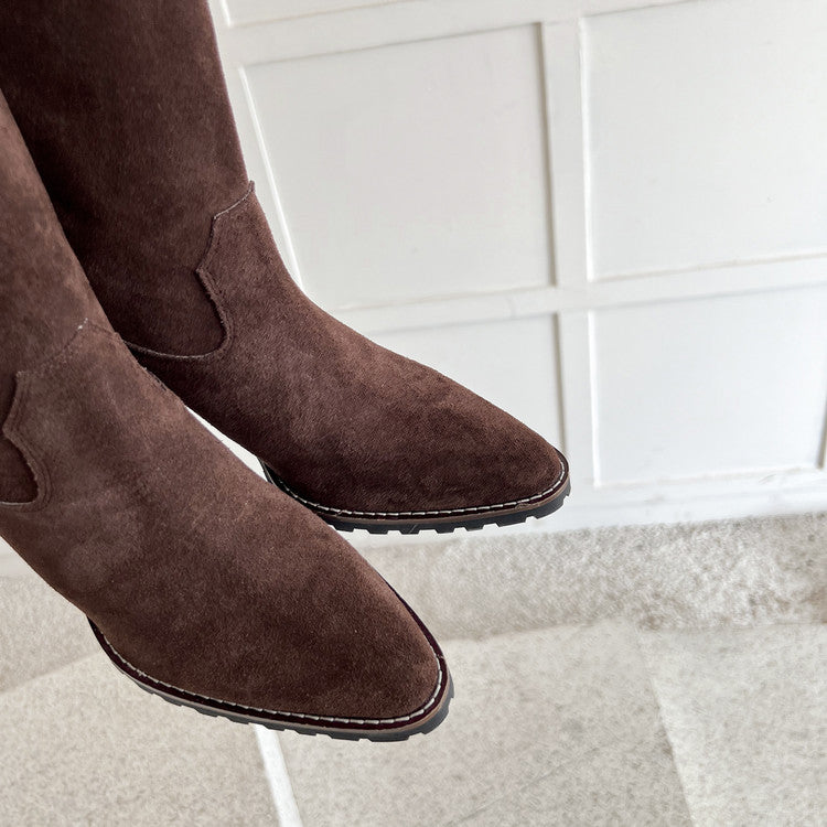 Karin Luna In Stock Spot Goods Retro Cowhide Leather Chunky Heel Suede Long Boots