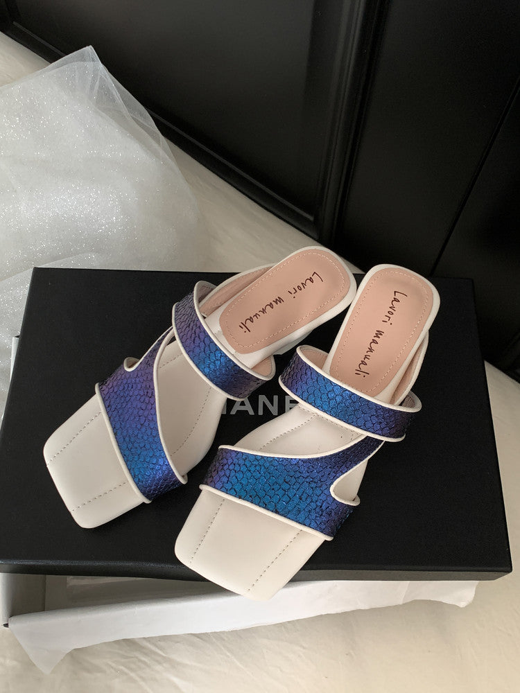 Karin Luna Fish Skin Series~Minimalist Square Toe Popular Irregular Heel Slippers