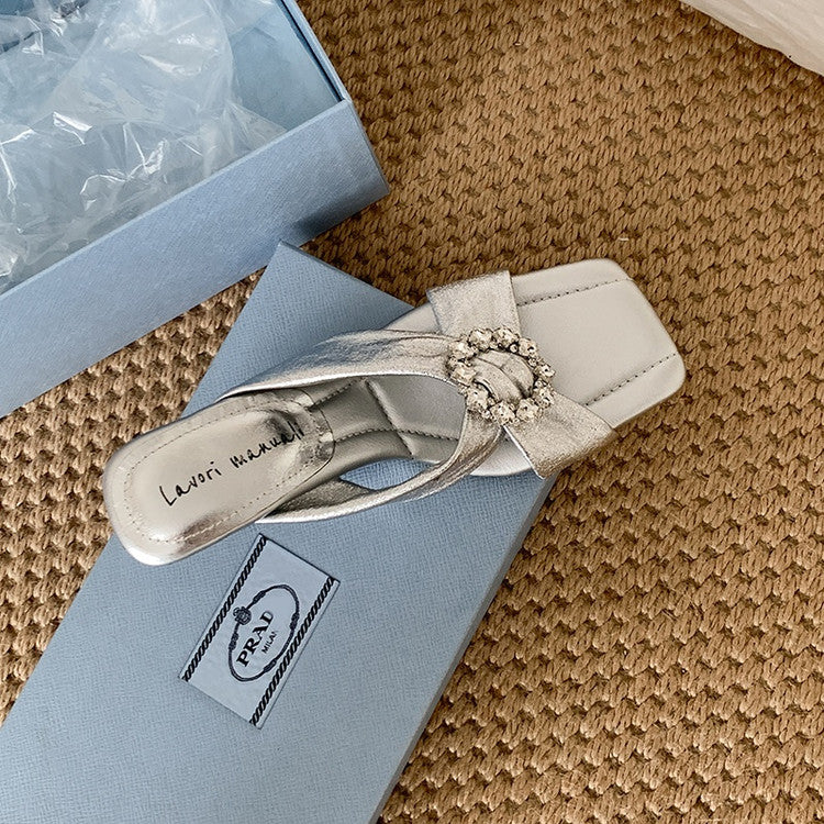 Karin Luna In Stock In Stock Elegant Square-Toe Cross-Strap Rhinestone Square-Toe Slippers