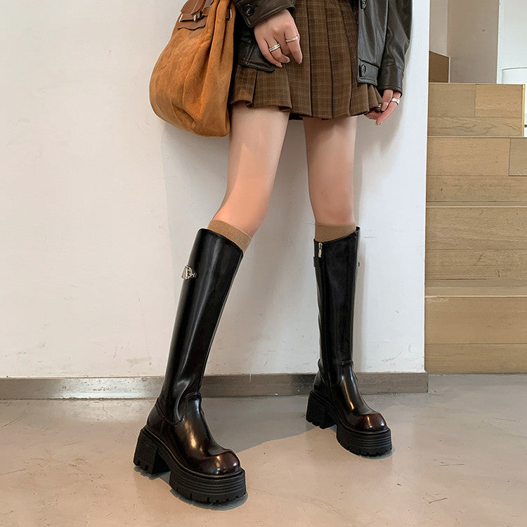 Karin Luna In Stock In Stock  Round Toe Thick Sole Belt Buckle Side Zipper Knight Boots