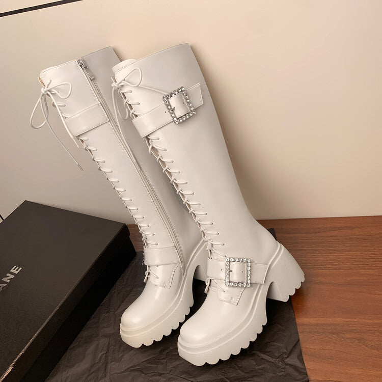Karin Luna In Stock Spot Goods Bestselling Extended Version Rhinestone Square Buckle Thick Sole Lace-up Thick Sole Full Cowhide Knight Boots