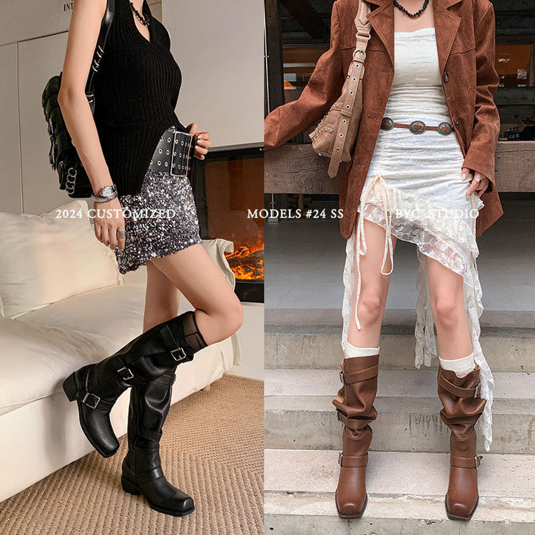 Karin Luna In Stock In Stock European and American Style Square Toe Thick Sole Belt Buckle Long Boots