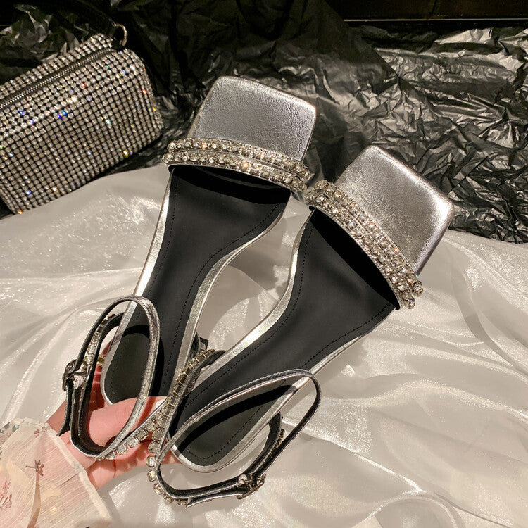 Karin Luna Classic Style   Rhinestone Strap Chunky Heel Open-Toe Sandals