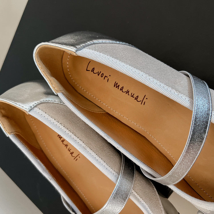 Karin Luna In Stock Spot Goods    Color Block Cowhide Leather Square Toe Slip-On Height Increasing Bowknot Flats