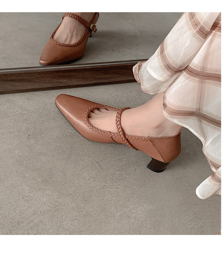 Karin Luna Braided Element Design Chunky Heel Square Toe Single Strap Shoes