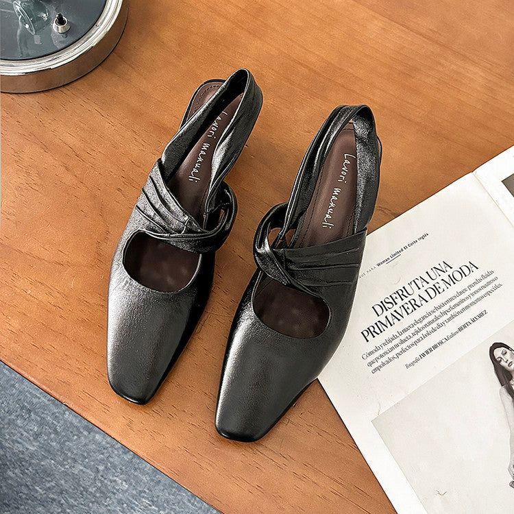 Karin Luna In Stock  Spot Goods Small Square Toe Wrinkled Chunky Heel Closed-Toe Sandals