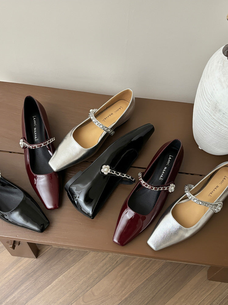 Karin Luna In Stock In Stock ~Metal One-Strap Pearl Small Square Toe Height-Increasing Flats