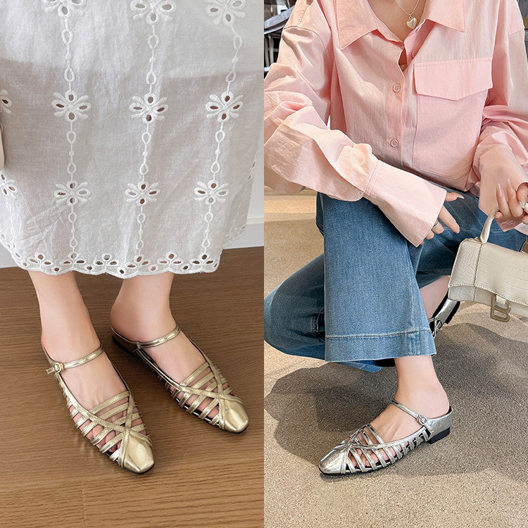 Karin Luna In Stock Spot Goods   French Retro Hollow Small Square Toe One-Strap Slippers