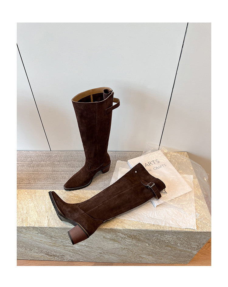 Karin Luna In Stock Spot Goods Retro Cowhide Leather Chunky Heel Suede Long Boots