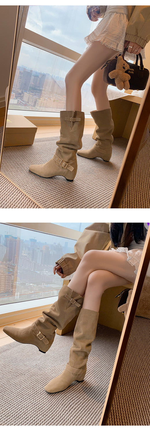Karin Luna Data Model Belt Buckle Matte Square Toe Hidden Wedge Slouch Western Boots