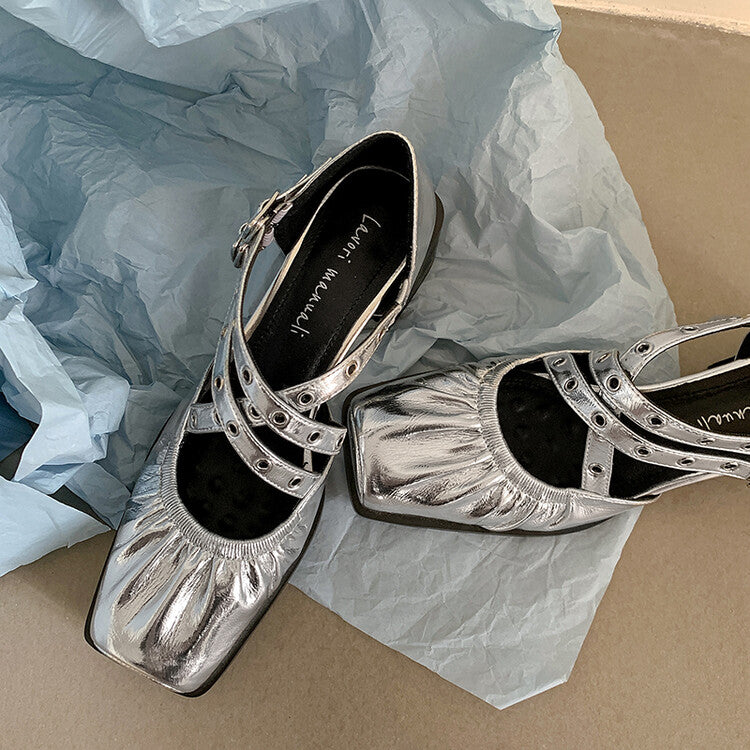 Karin Luna In Stock Spot Goods First Layer Sheepskin Cross Strap Rivet Square Toe Mary Jane Sandals