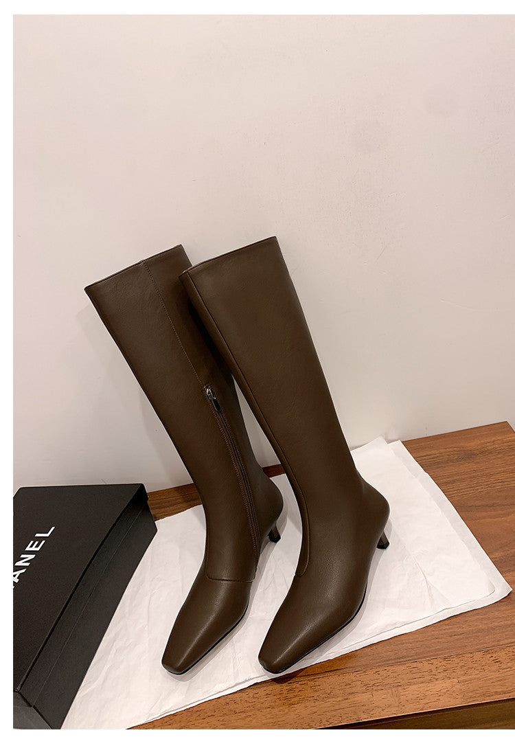 Karin Luna In Stock Spot Goods   Small Square Toe Thin Heel Elegant Slimming Long Boots