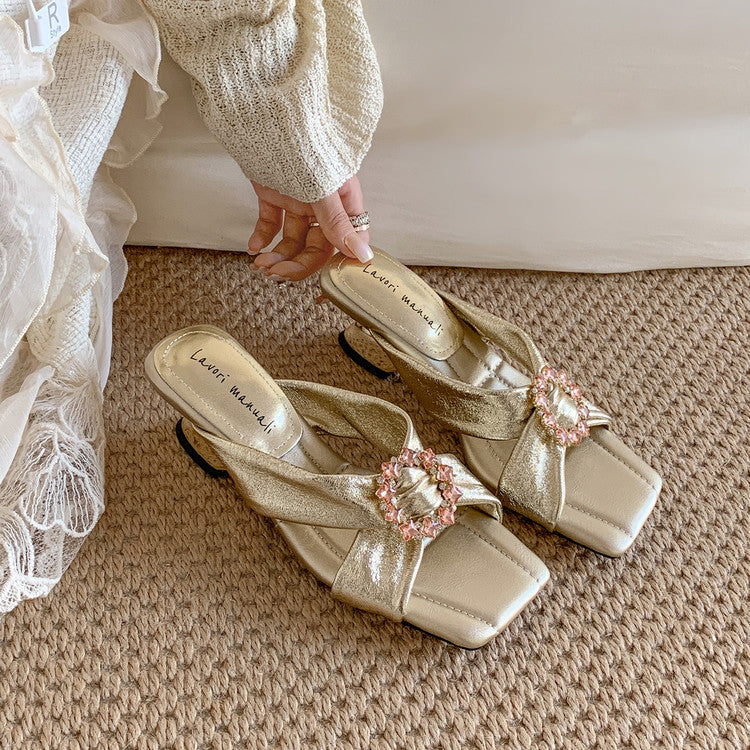 Karin Luna In Stock In Stock Elegant Square-Toe Cross-Strap Rhinestone Square-Toe Slippers