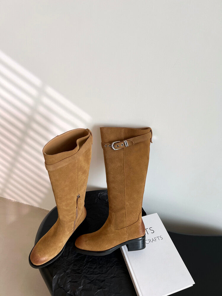 Karin Luna Chunky Heels Round Head Belt Buckle  Fashionable Suede Boots