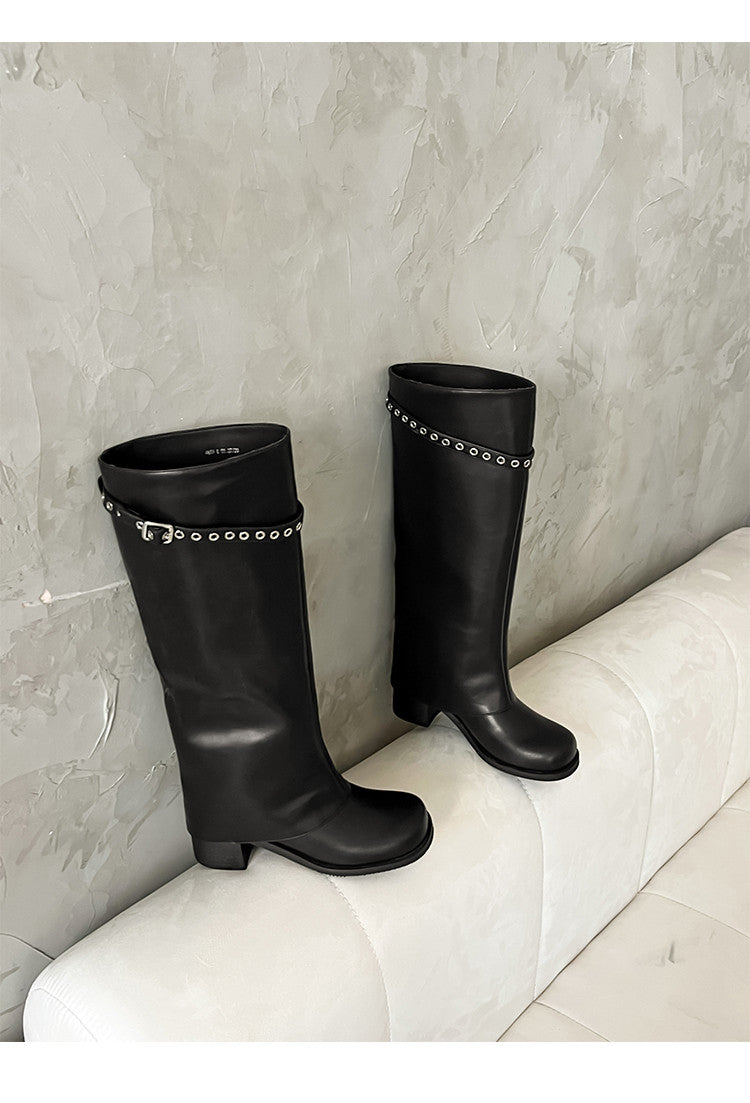 Karin Luna In Stock Spot Goods Belt Buckle Color-Washed Casual Thick-Soled Bootcut Pants Boots