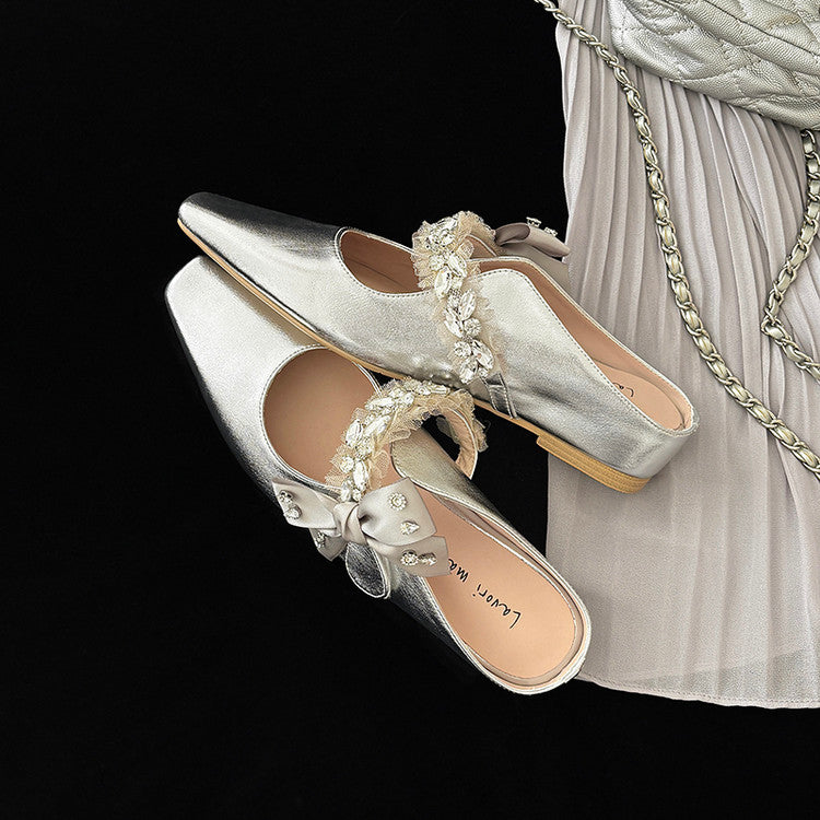 Karin Luna Handmade One-Strap Rhinestone Ribbon Square-Toe Mules