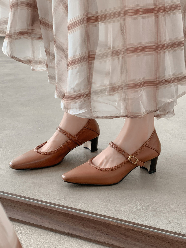 Karin Luna Braided Element Design Chunky Heel Square Toe Single Strap Shoes