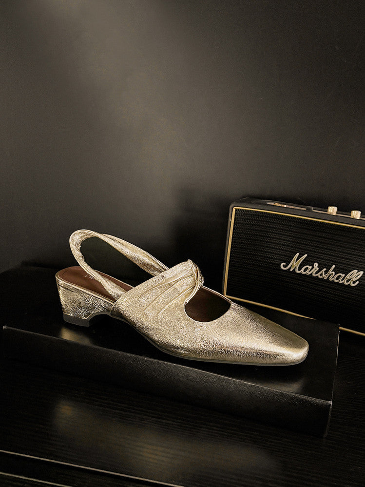 Karin Luna In Stock  Spot Goods Small Square Toe Wrinkled Chunky Heel Closed-Toe Sandals