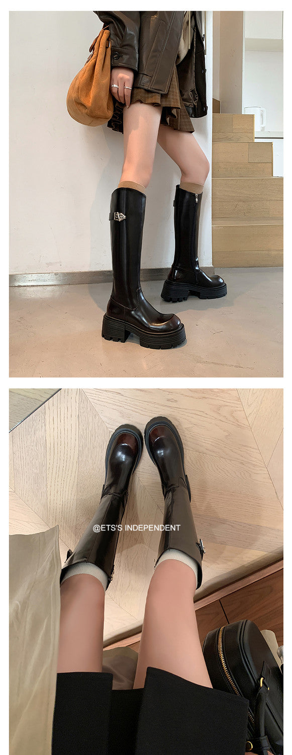 Karin Luna In Stock In Stock  Round Toe Thick Sole Belt Buckle Side Zipper Knight Boots
