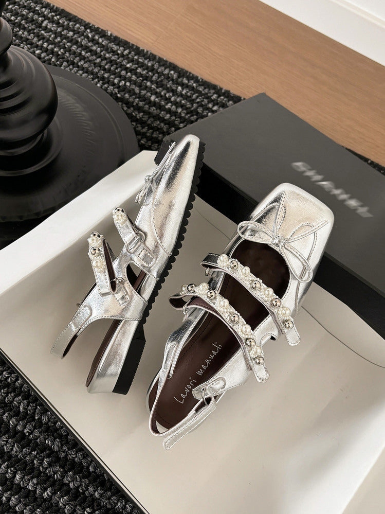 Karin Luna In Stock In Stock  Square Toe Bowknot Pearl Strap Closed-Toe Sandals