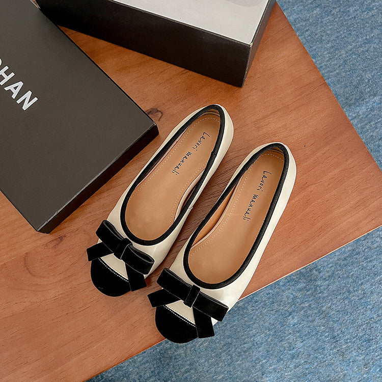 Karin Luna In Stock Spot Goods    Color Block Sweet Bowknot Hidden Wedge Shallow Mouth Flats