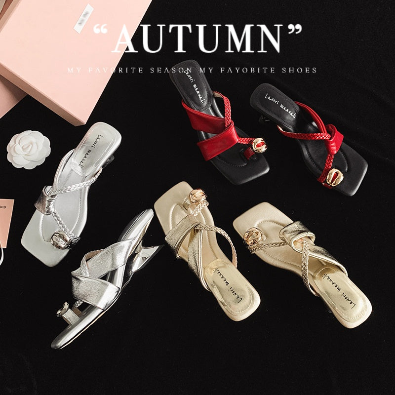 Karin Luna Braided Style ~Cross Strap Square Toe Irregular Heel Slippers