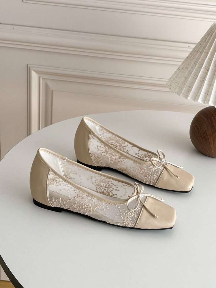 Karin Luna In Stock In Stock  Wrinkled Square Toe Patchwork Breathable Mesh Bow Granny Shoes