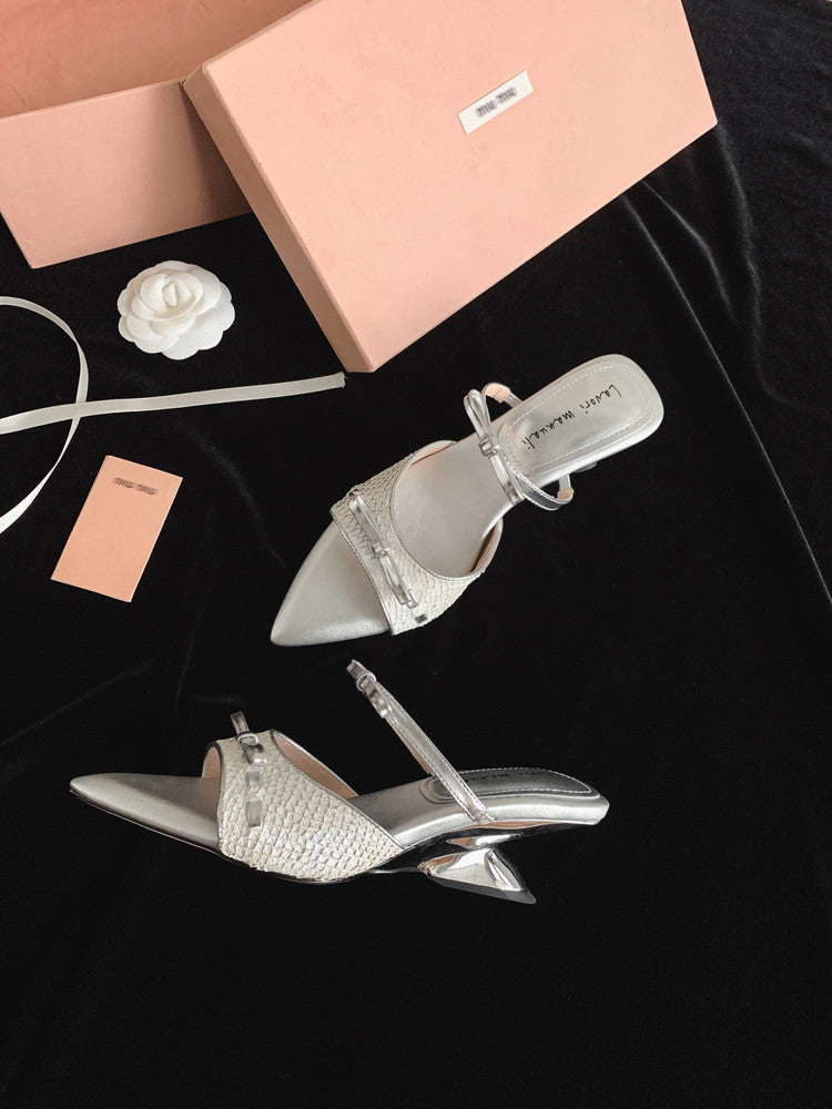 Karin Luna Fish Skin Series~Pointed Toe Irregular Heel Bowknot Strap Slippers