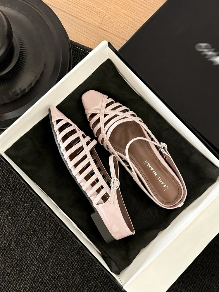 Karin Luna In Stock Spot Goods   French Retro Hollow Small Square Toe One-Strap Slippers