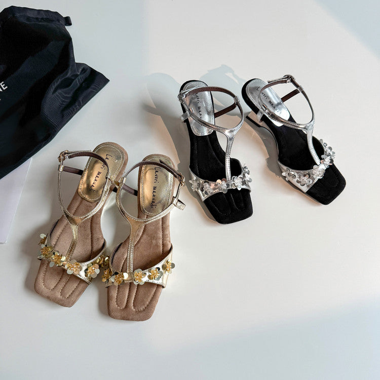 Karin Luna Hot-Selling Sequin Floral Series ~  Square Toe Irregular Heel Square Toe Sandals