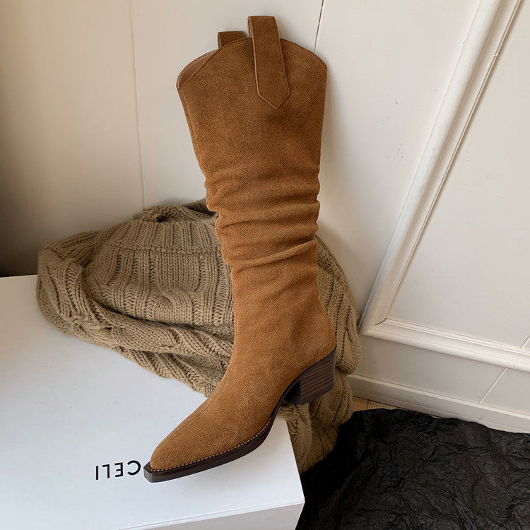 Karin Luna Elegant Style  Pointed Toe Wrinkled Wide Western Boots