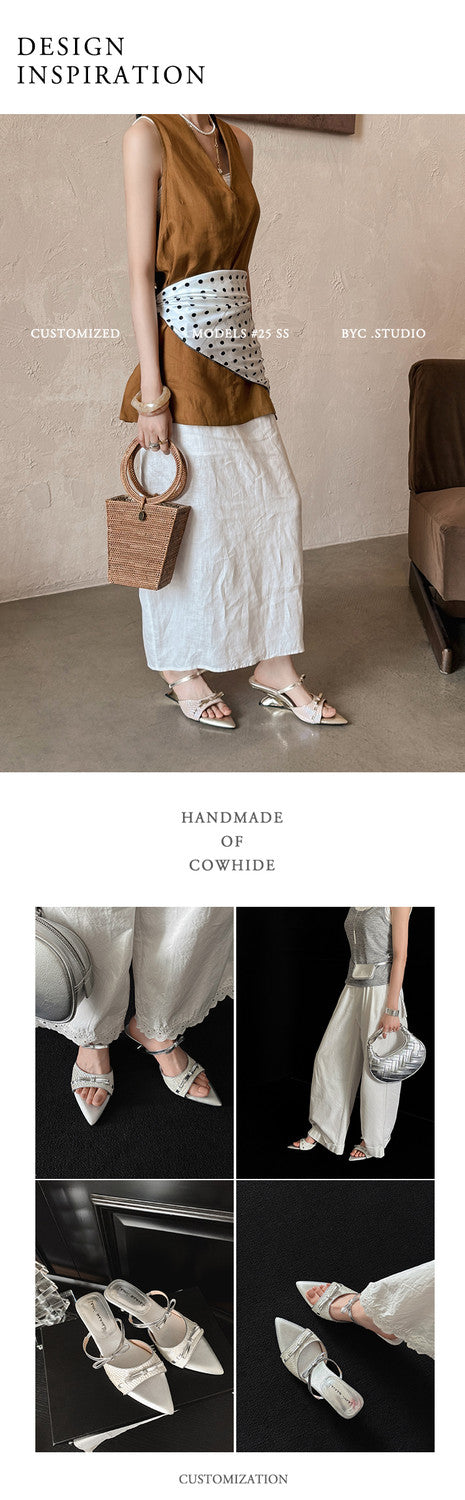 Karin Luna Fish Skin Series~Pointed Toe Irregular Heel Bowknot Strap Slippers