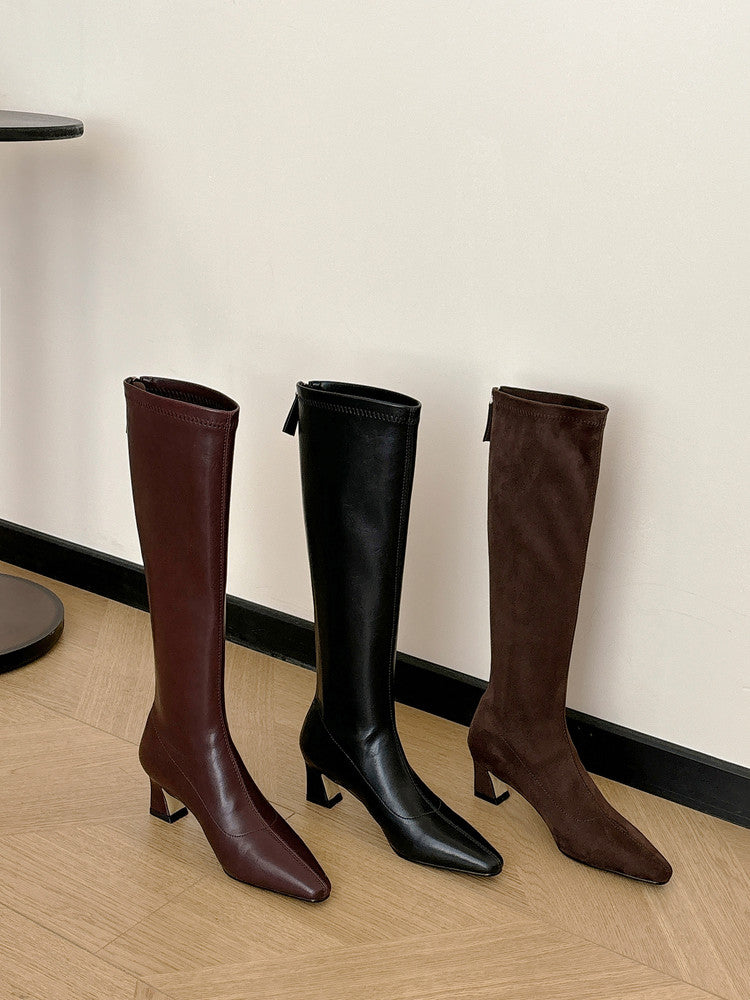 Karin Luna In Stock In Stock  Square Toe Chunky Heel Korean Style Elegant Long Boots