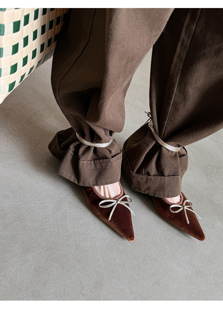 Karin Luna In Stock In Stock Retro Velvet Pointed Toe Bowknot Single Shoes