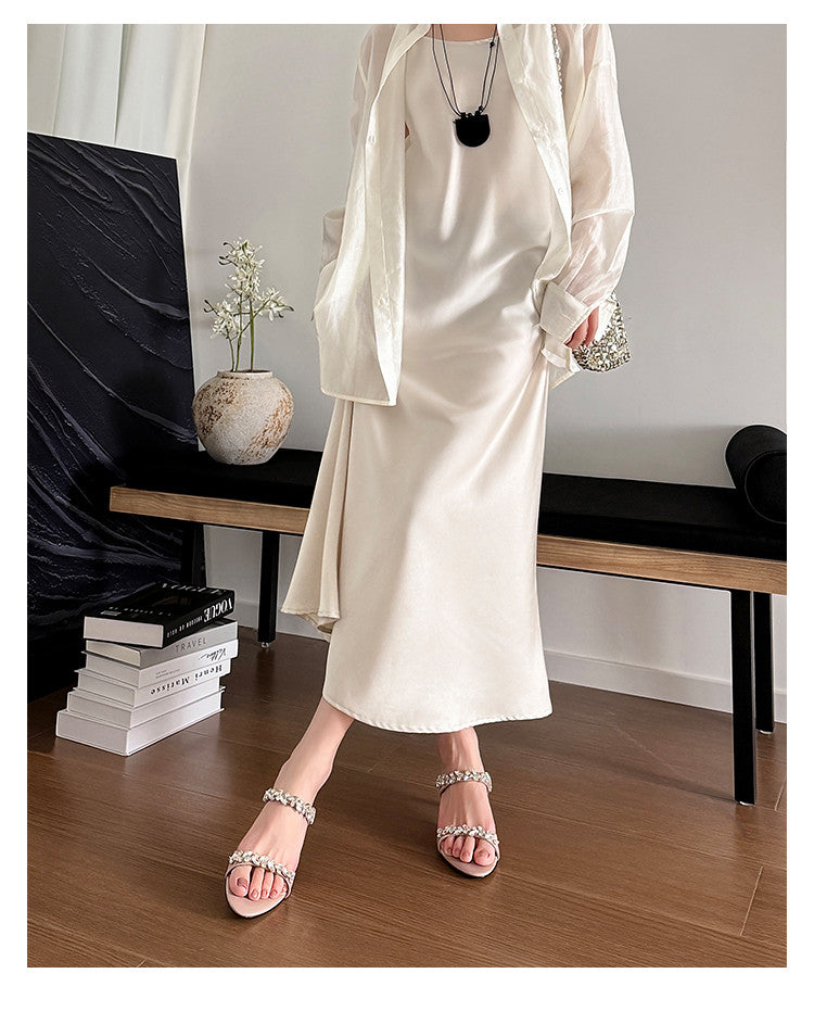 Karin Luna Exquisite Round Toe One-Strap Rhinestone Thin Heel Slippers